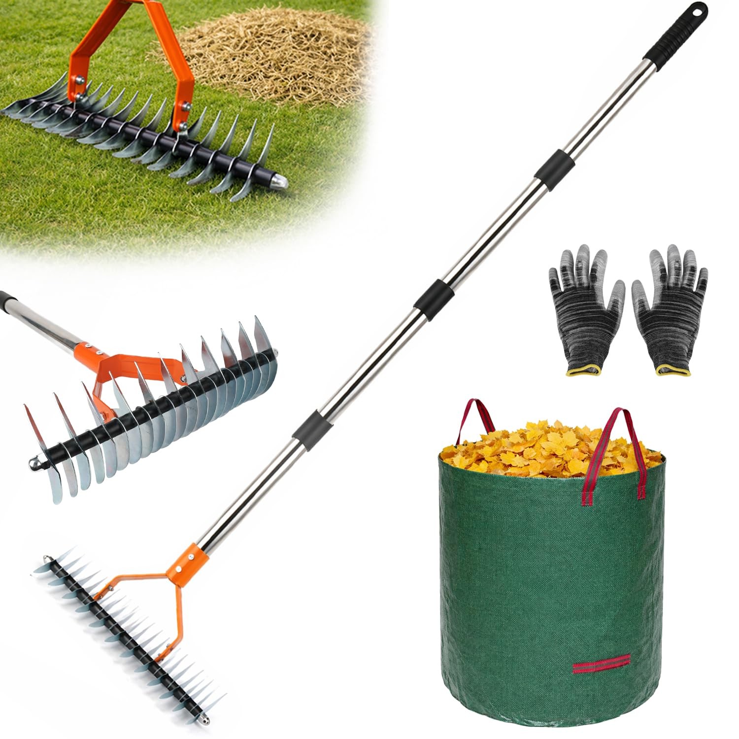 3in1 Thatch Dethatcher Lawn Rake Bag 4070 Inch Adjustable Handle 15 Inch