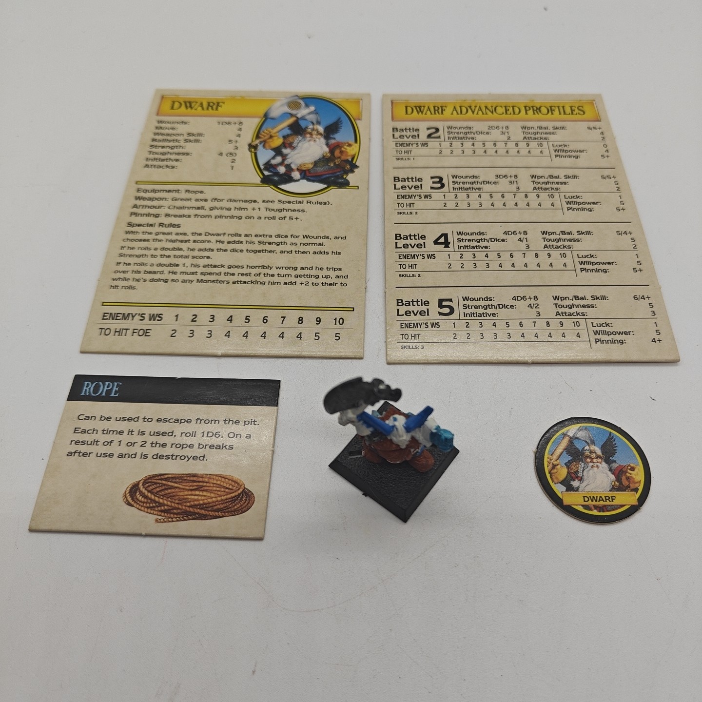 Vintage 1995 Games Workshop Warhammer Quest Dwarf Warrior w/ Cards & Counter