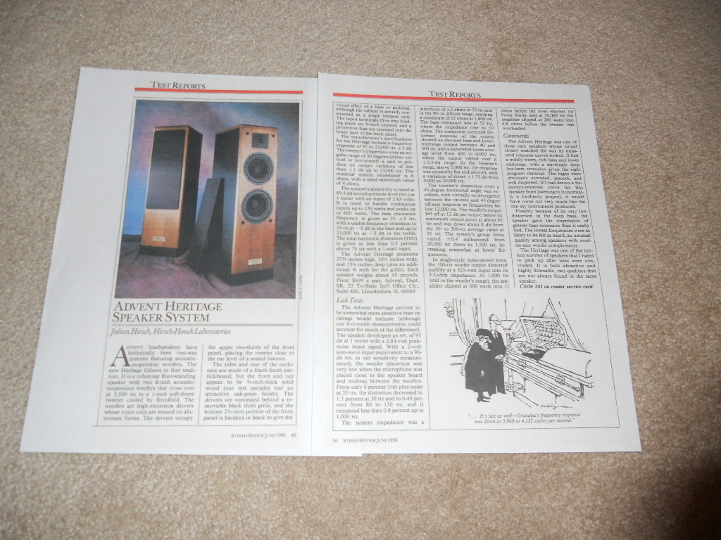 Advent Heritage Speaker Review, 2 pg, 1990, Full Test, Specs, Info