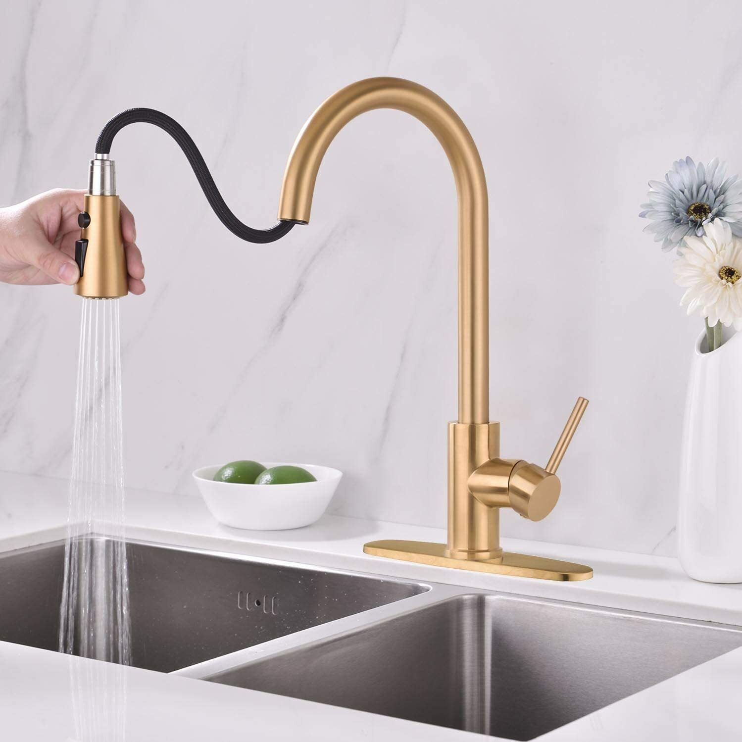 Kitchen Sink Faucet Brushed Gold Pull Down Sprayer Single Handle Mixer w/Cover