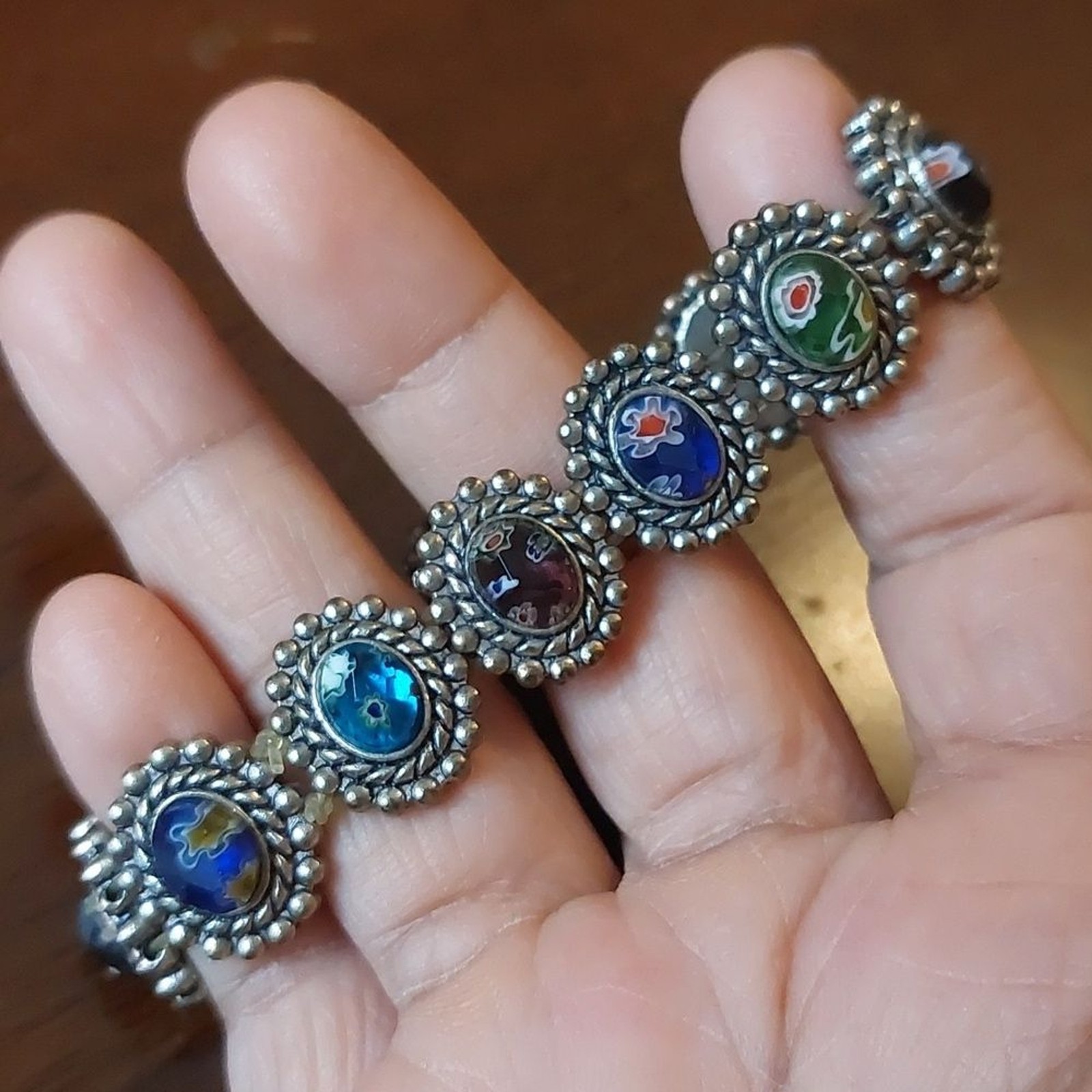 Amazing Multicolored Millefiori Glass Inlay Oval Panels Stretch Bracelet