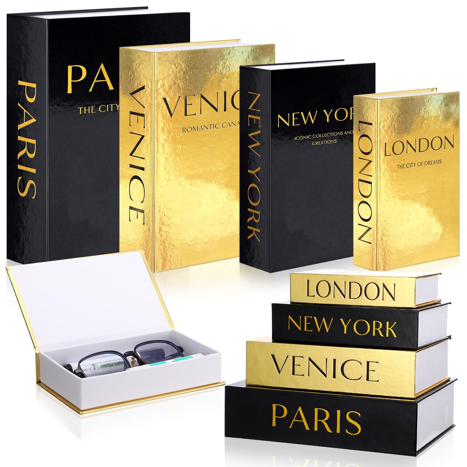 4 PCS Black Gold Decorative Faux Books Boxes for Coffee Tables Bookshelves