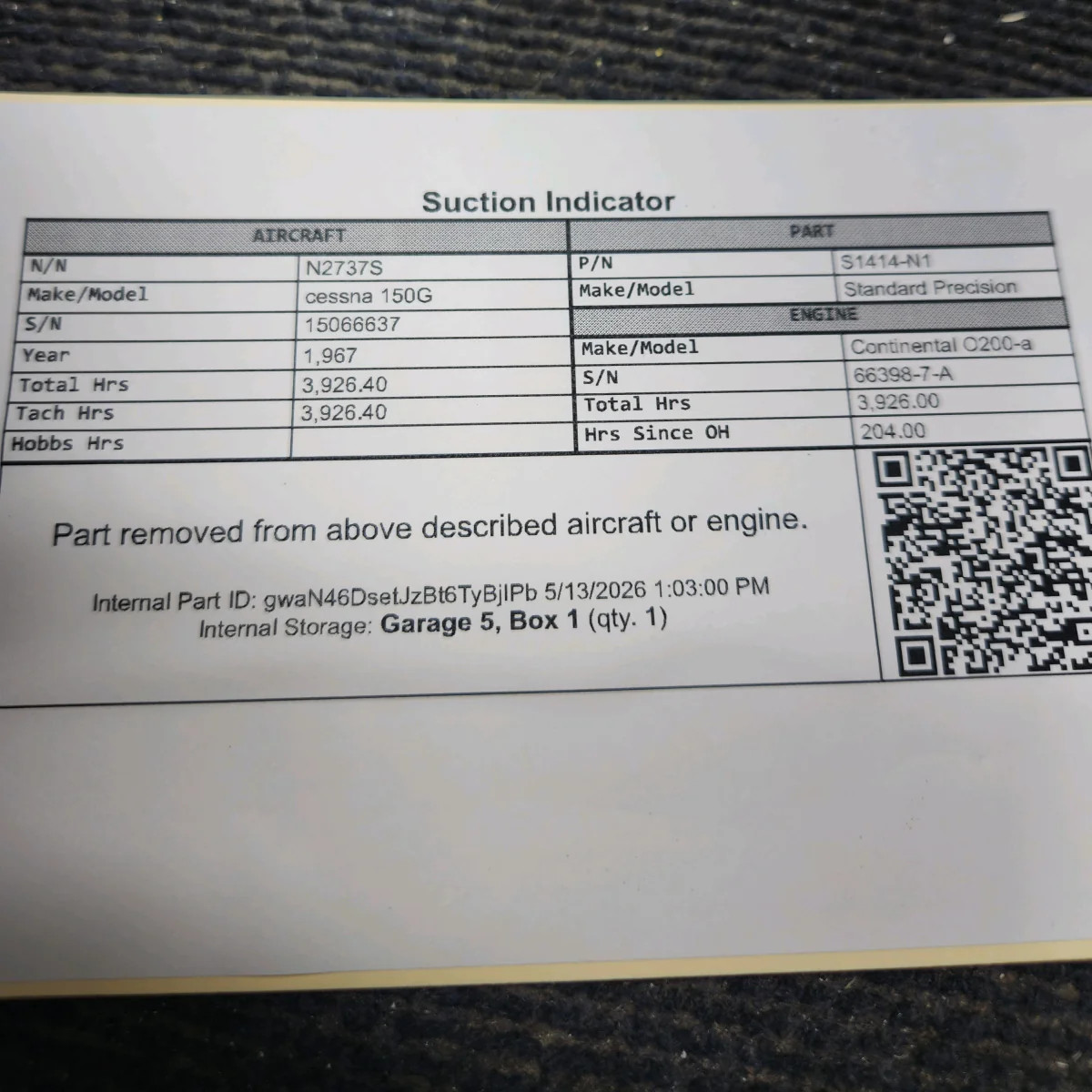 S1414-N1 | Standard Precision | cessna 150G | Suction Indicator