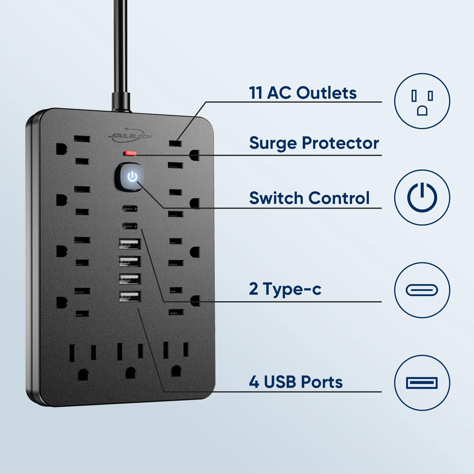 JouleLoom 6 FT Flat Plug Surge Protector Power Strip,11 Multiple 6 FT, Black