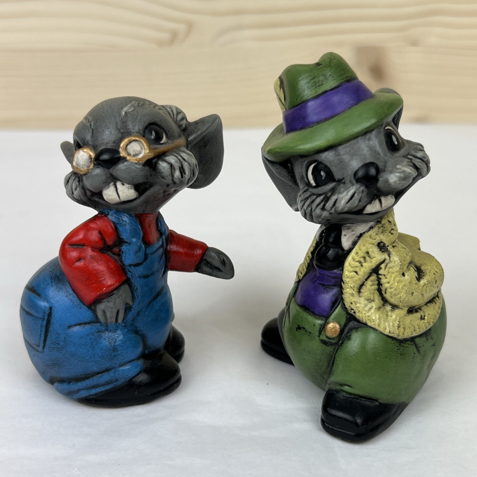 Vintage 1972 Hand Painted Ceramic Gentlemen Mice Set of 2 - Signed