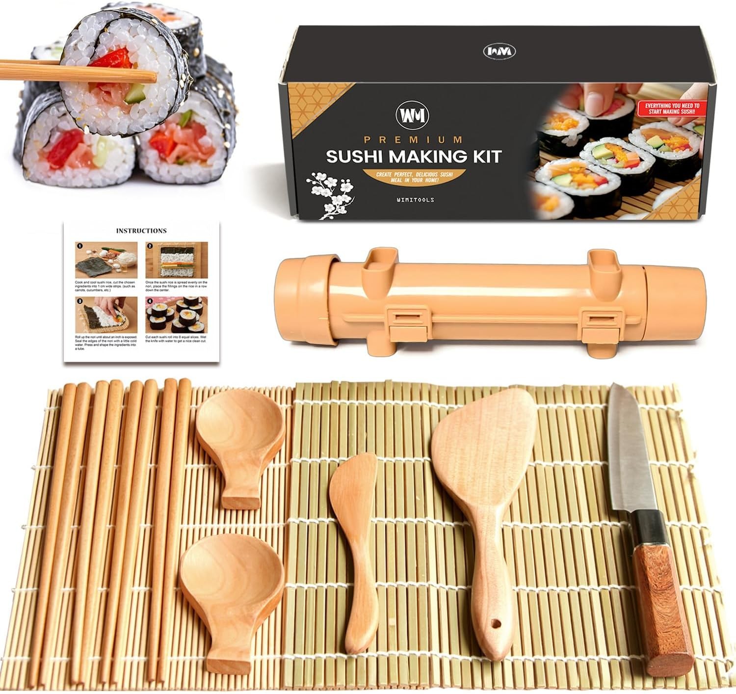 Premium Sushi Making Kit Roller for Beginners or Extra Large, Wood