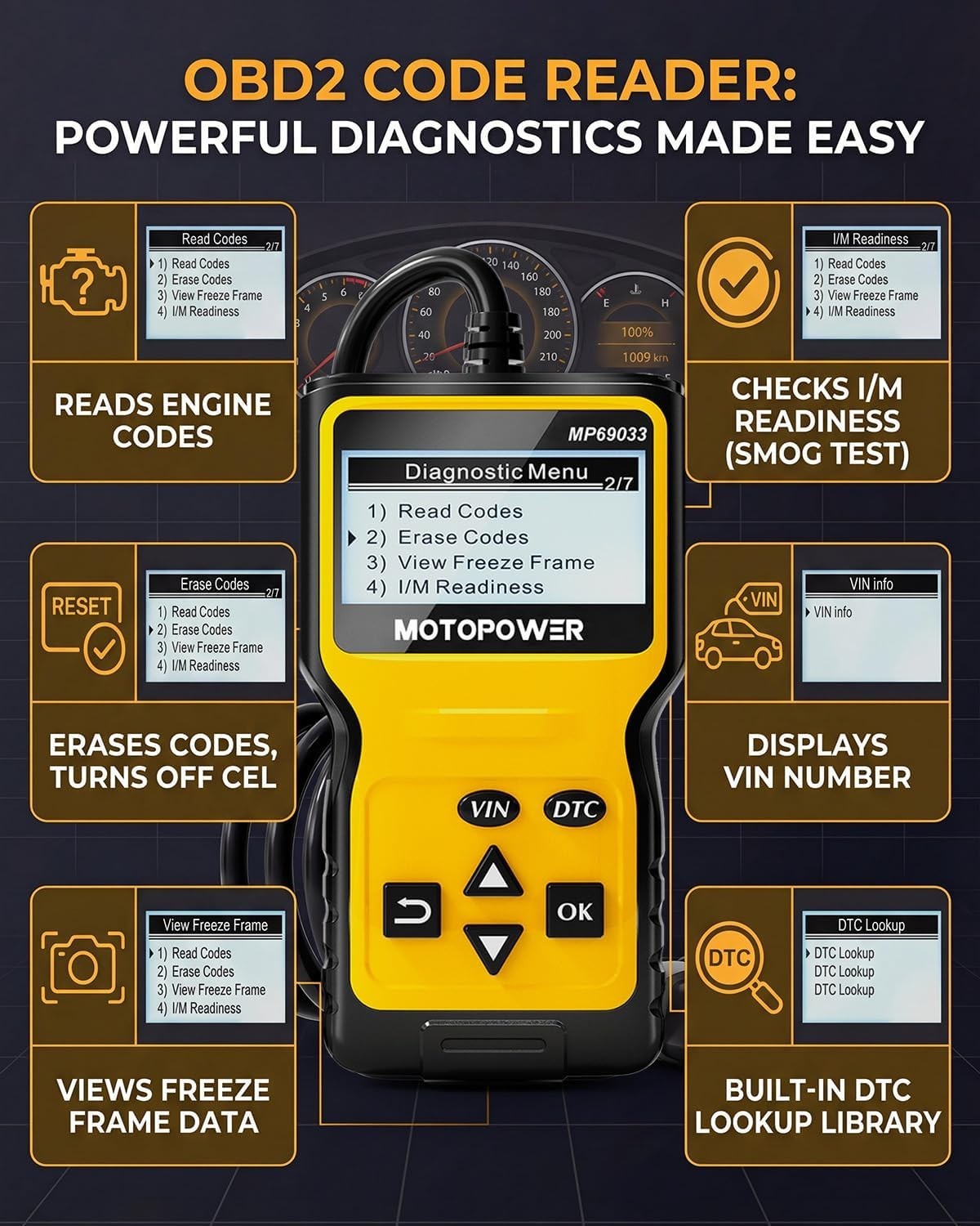 MOTOPOWER MP69033 OBD2 Scanner Universal Car Engine Fault Code Reader, CAN Diagn