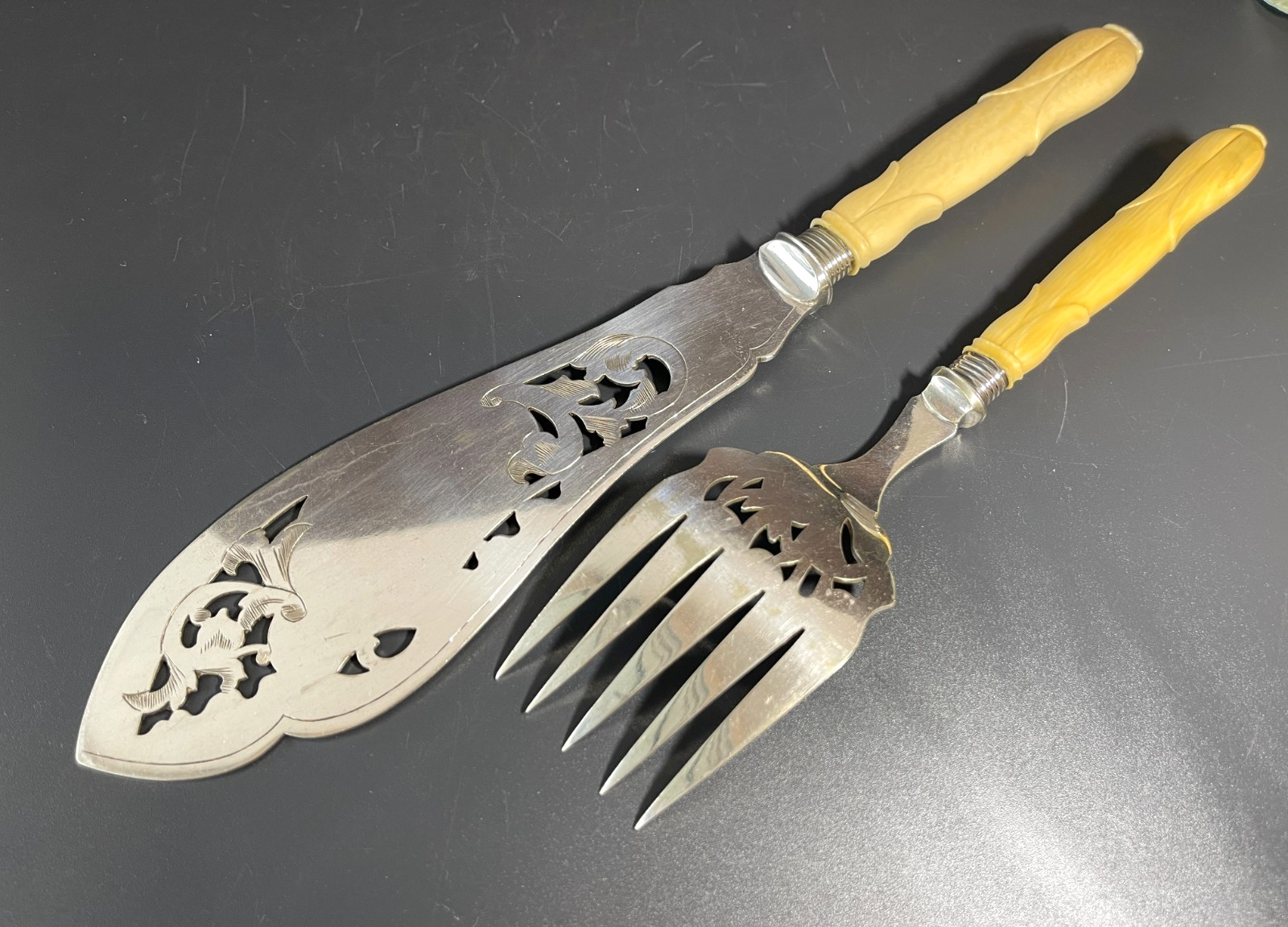 Antique Victorian Silver Plate Serving Fish Knife & Fork Set