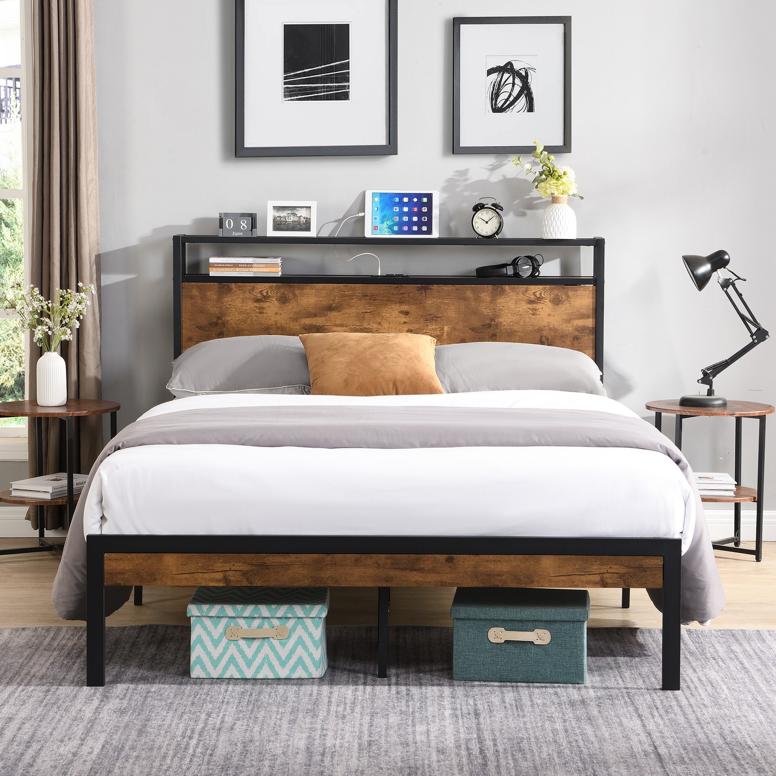 Queen-Size Metal Bed Frame Wood Hd/Ft USB No Box Spring Storage Easy Assemble
