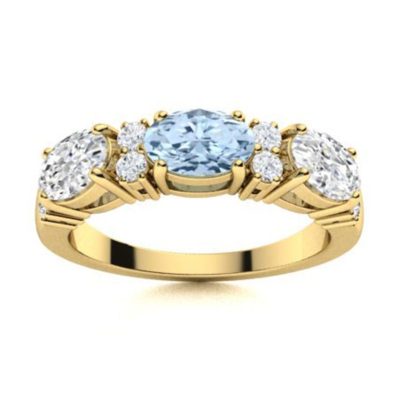 March Birth Aquamarine Gemstone Prong Three-Stone Elegant Ring 925 Silver
