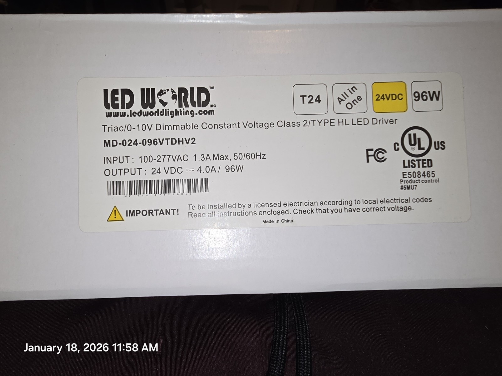 LED World T24 96W 24VDC Class 2 Triac/0-10V Dimmable LED Driver MD-024-096VTDHV2
