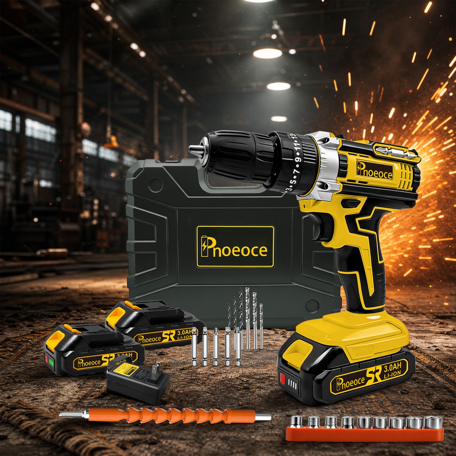 Power Drill Cordless Tool 20V 2 Speed with 2Batteries &Charger for Woodworking