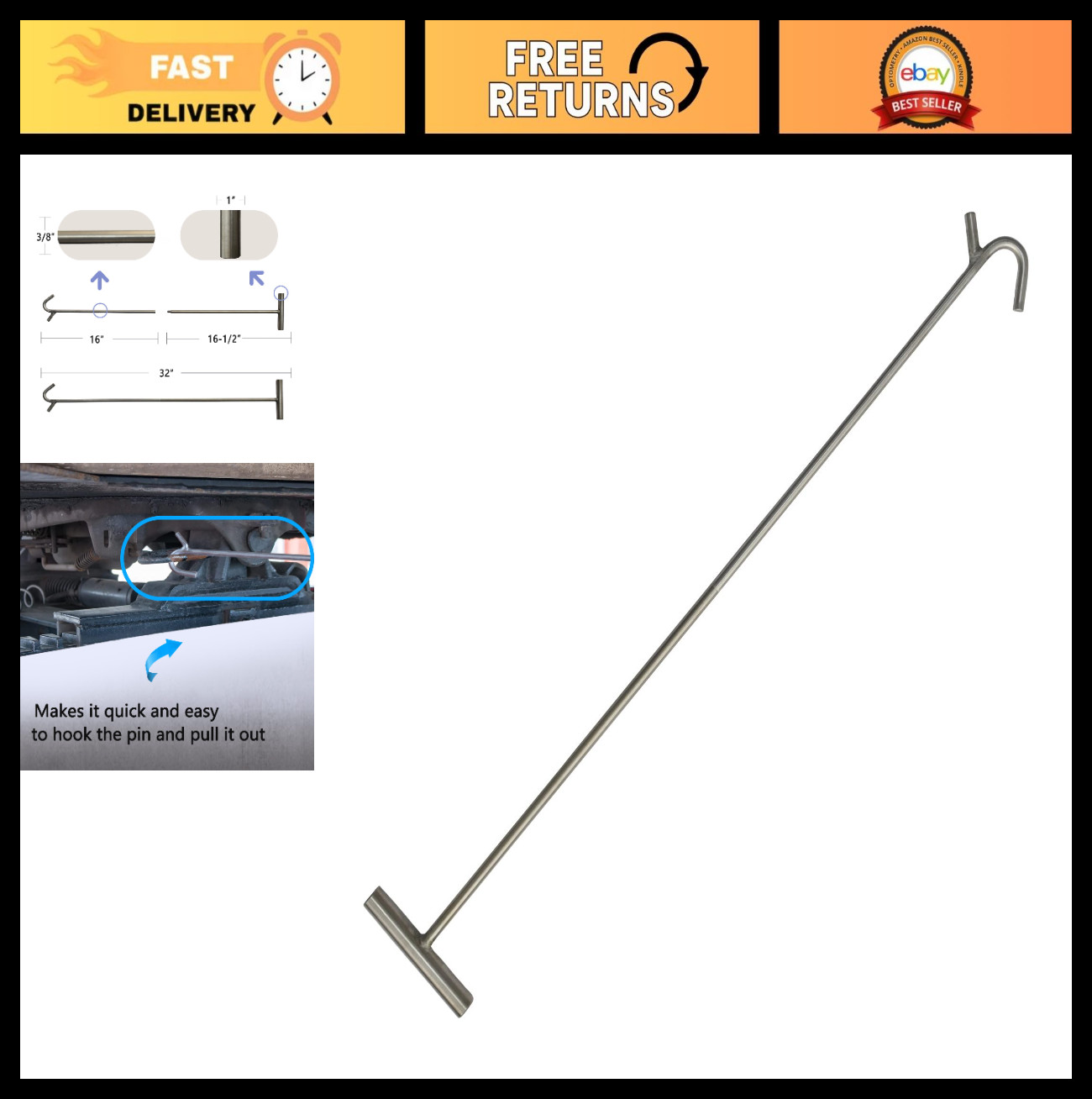 Portable Stainless Steel 5th Wheel Pin Puller, 32 Inch S-Hook Tool, 1 Pack