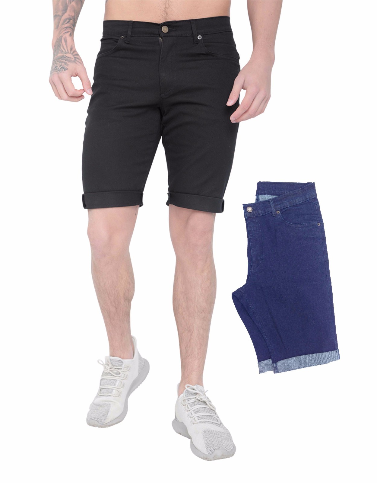 Mens Skinny Stretch shorts Slim Fit Black & Denim Turn up shorts LUKE demina