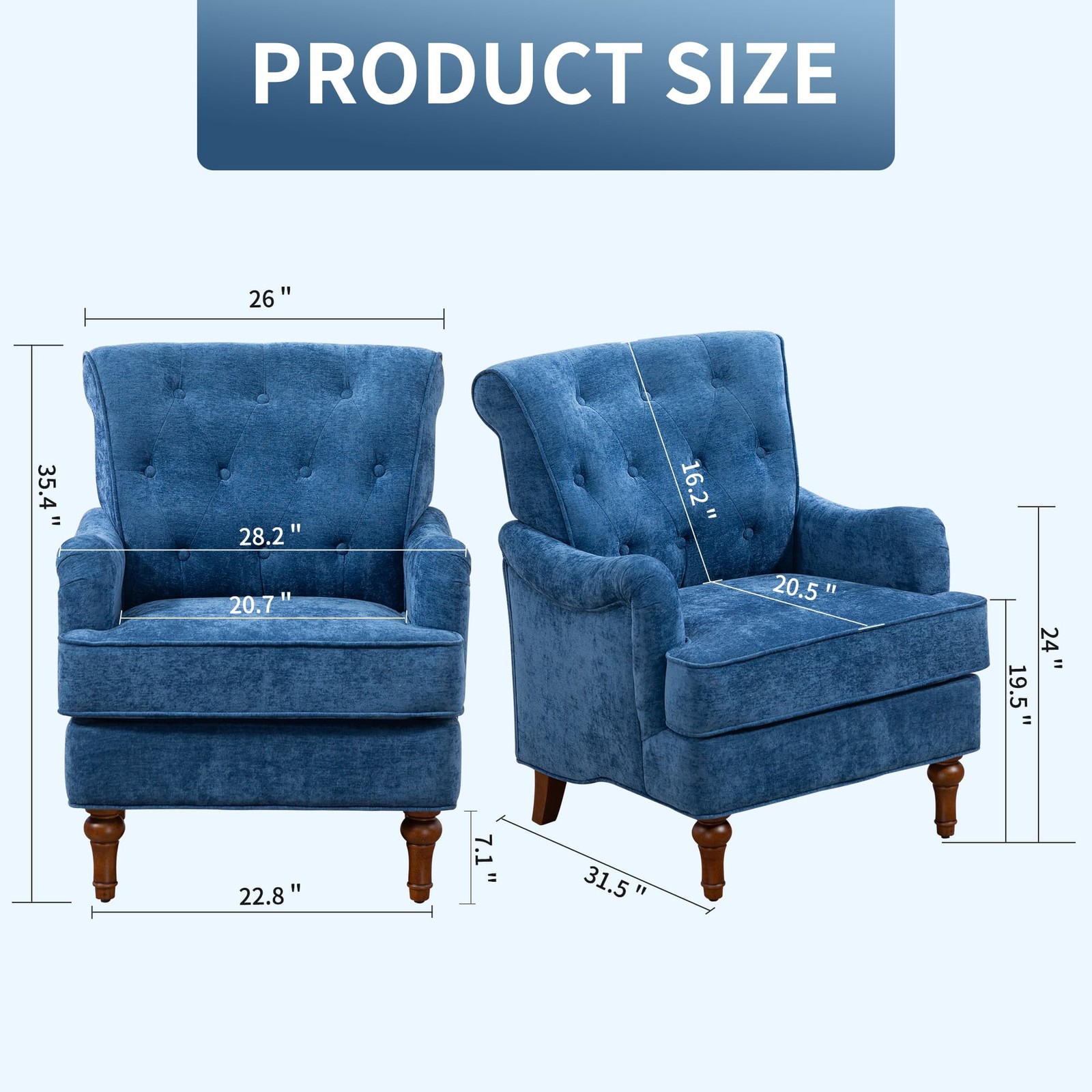 Blue Chenille Accent Chair 300LBS Upholstered Springs Cushions Retro Wooden Legs