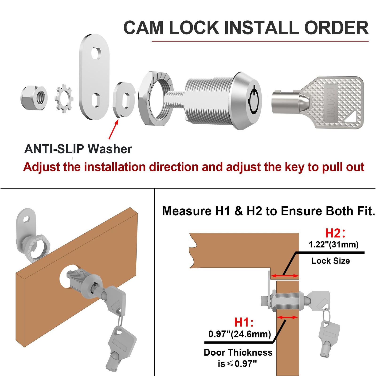 3 Pack Cabinet Locks with Keys 1-1/8" Tubular Cam Locks keyed Alike RV Lock f...