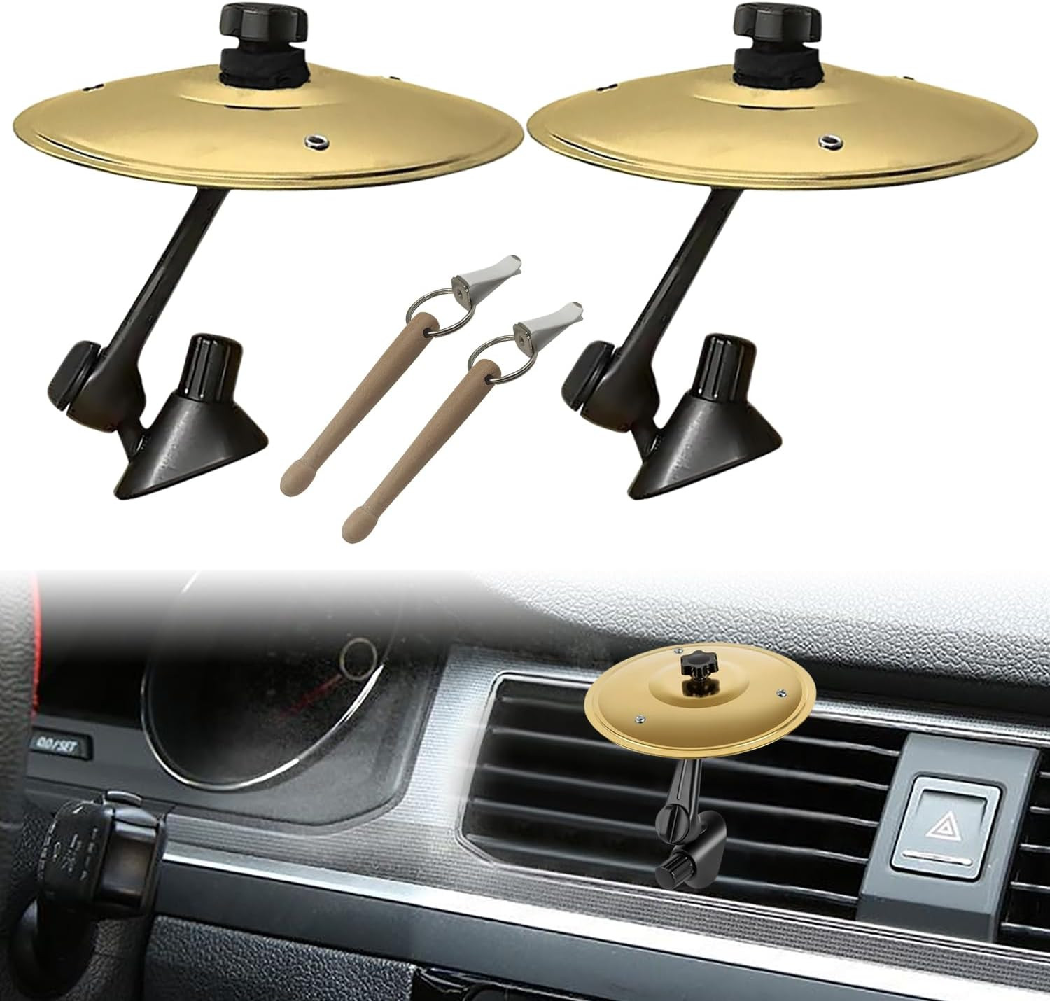 2 Pack Car Cymbal Air Vent, Mini Car Drum Set with Stick, Fun Musical Car Access