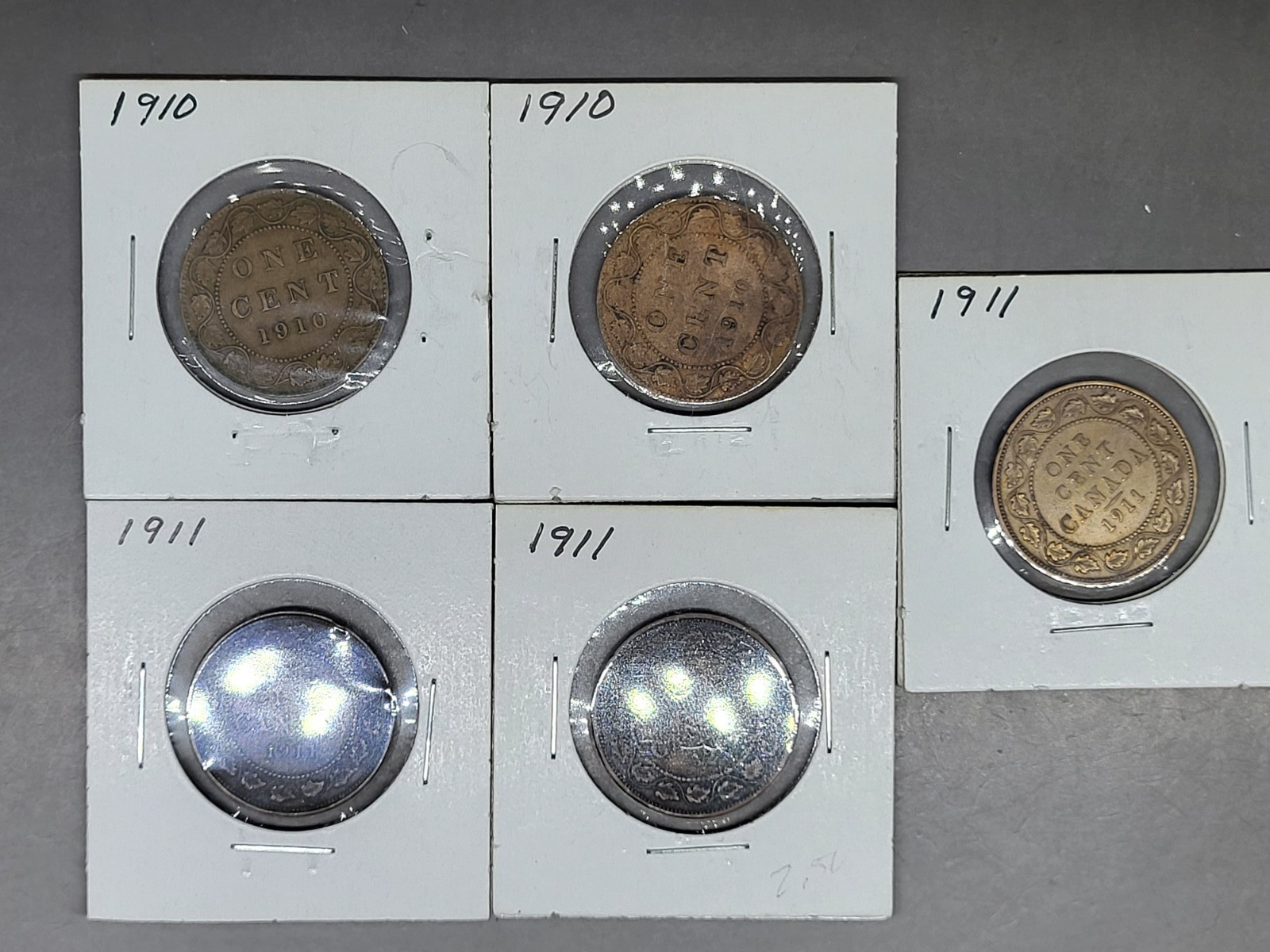 Lot of 5 Canadian Large One Cents Coins 2 X 1910 & 3 X 1911 Canada