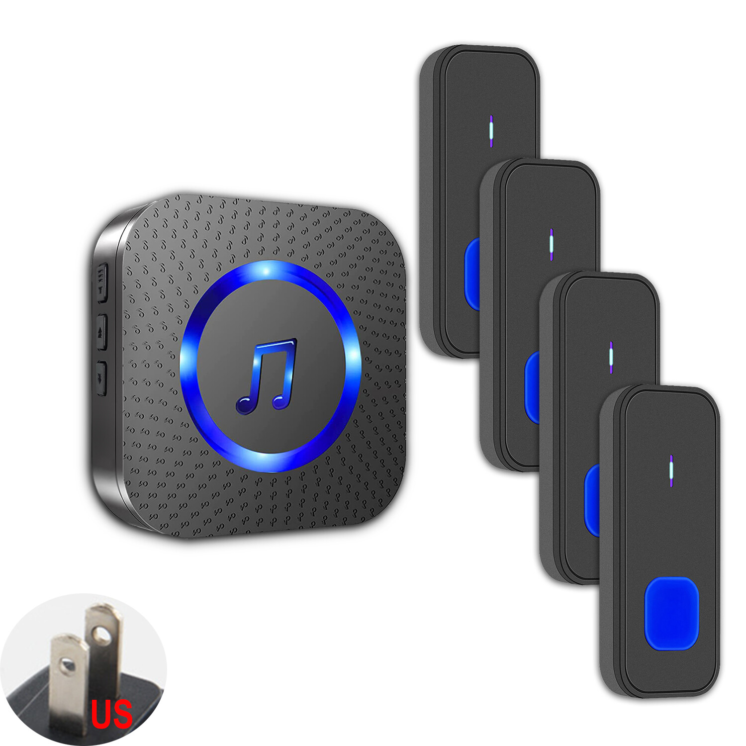 Home wireless doorbell with 4 buttons, suitable for multi-point calling,Black