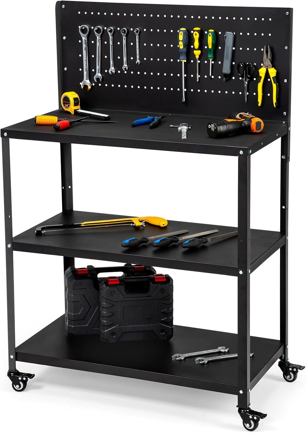 Heavy Duty 200LBS Steel Workbench with Pegboard & Lockable Wheels, 50.4" x 33.4