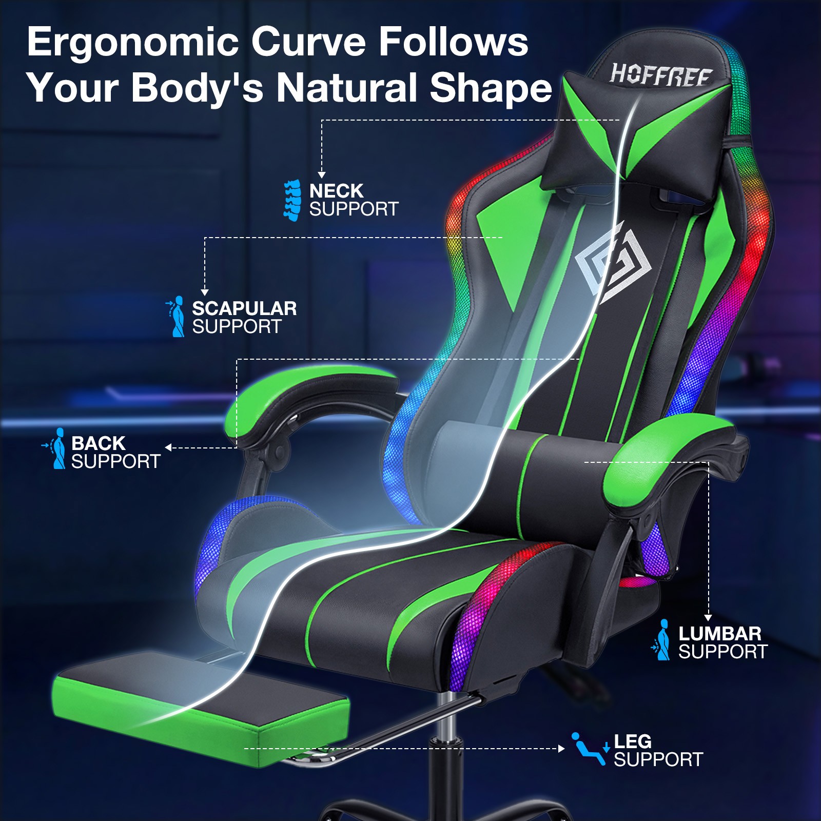 RGB Gaming Chair W/ Bluetooth Speakers Massage Ergonomic High Back W/Footrest US