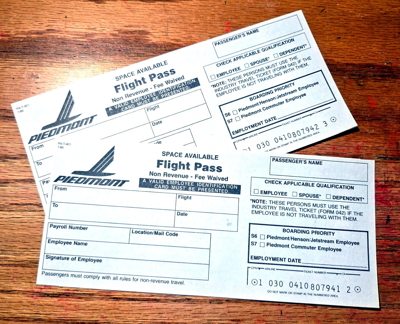 Two Vintage Piedmont Airlines Space Available Flight Pass
