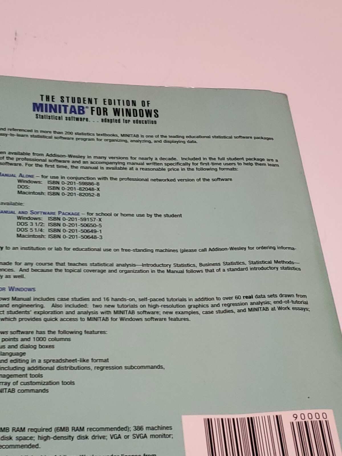 THE STUDENT EDITION OF MINITAB For WINDOWS Statistical Software 3.5 Floppy Book