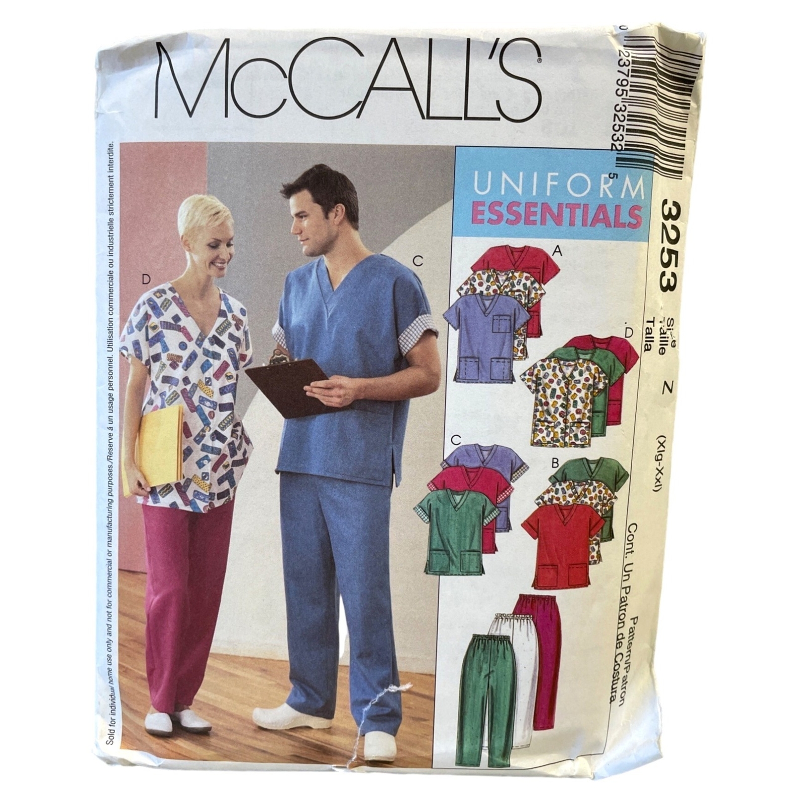 McCalls Sewing Pattern 3253 Scrub Uniforms Unisex Adult Size XL-XXL