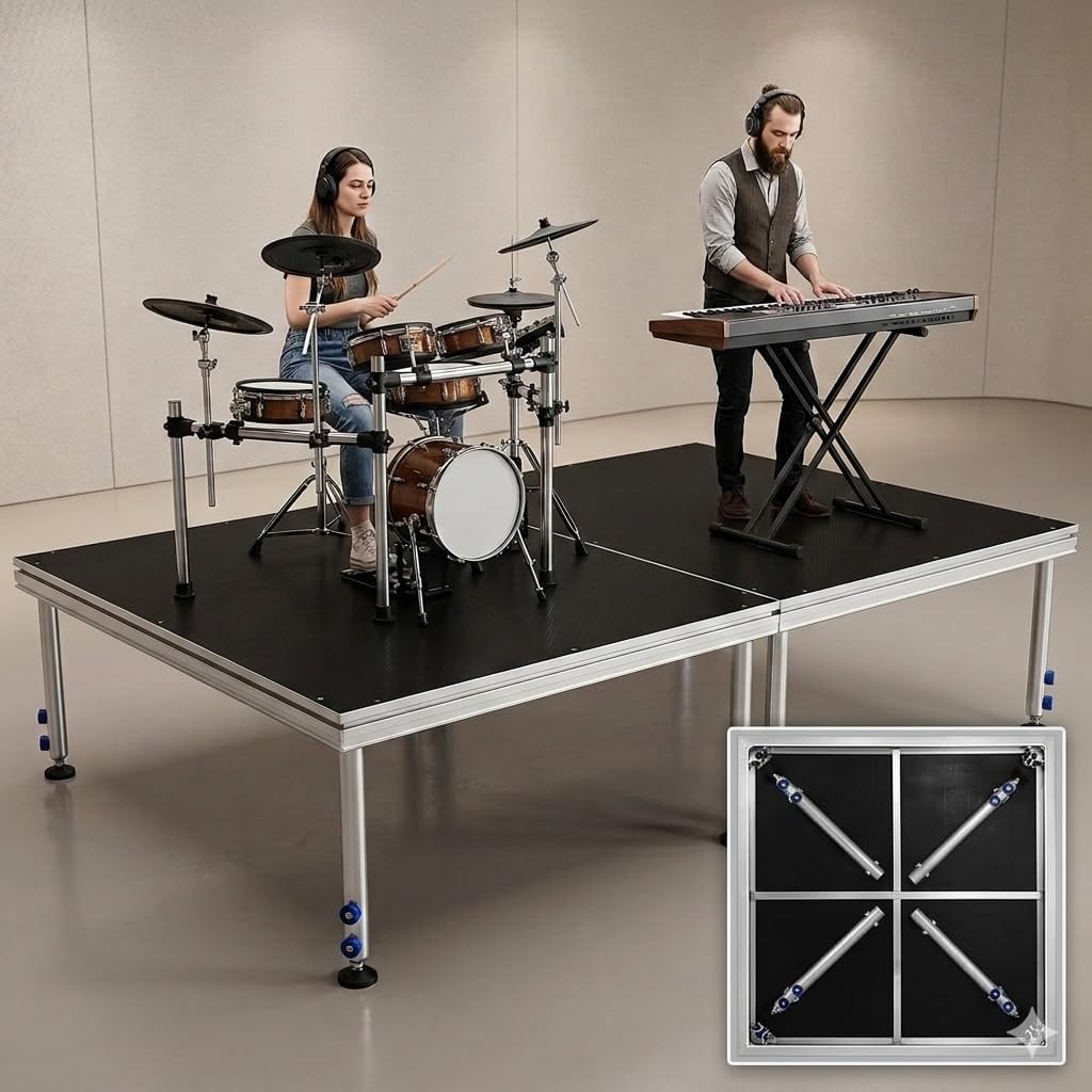 2 Pcs 4'x4' Folding Portable Stage Platform, Adjustable Height 24"-40" 3300lbs