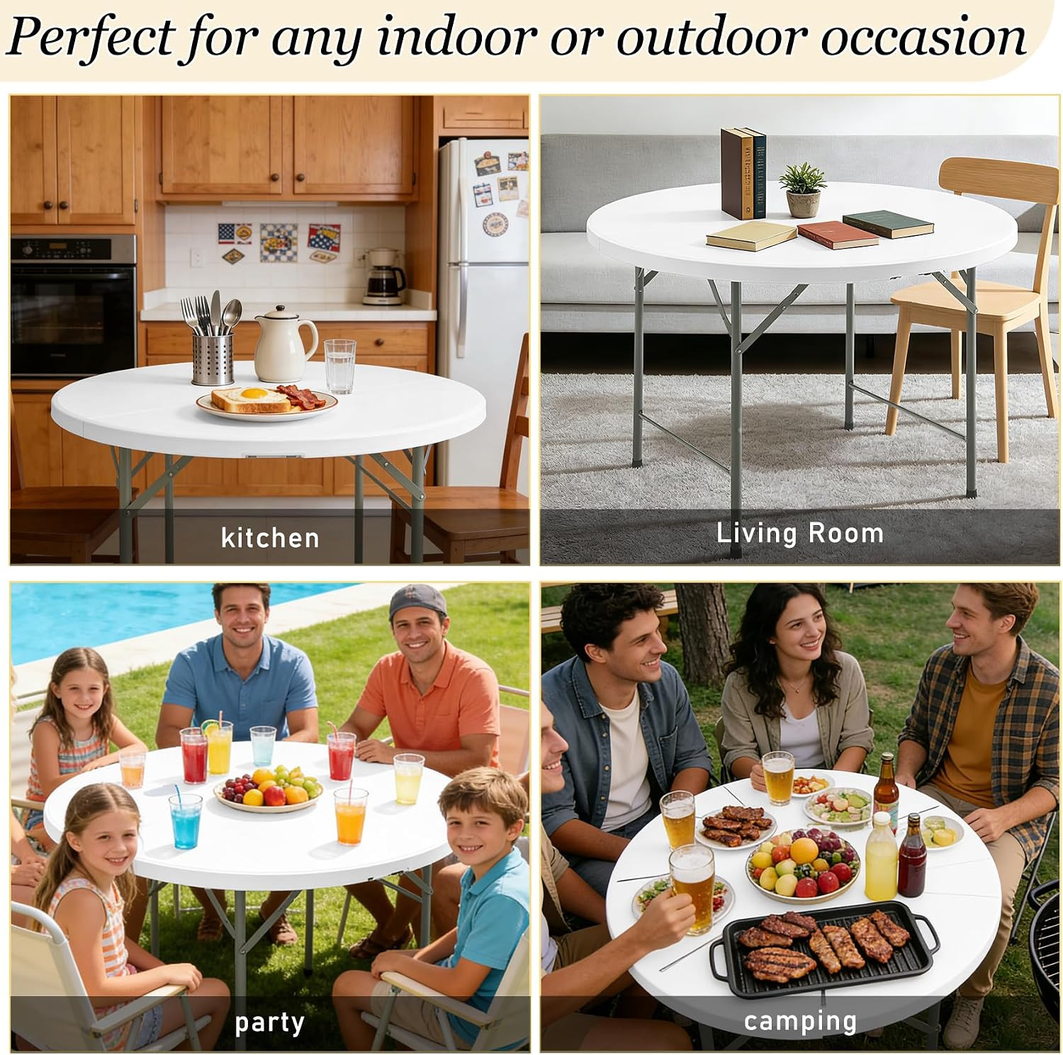 6FT round Folding Table White Fold-In-Half with Carrying Handle Portable Plastic