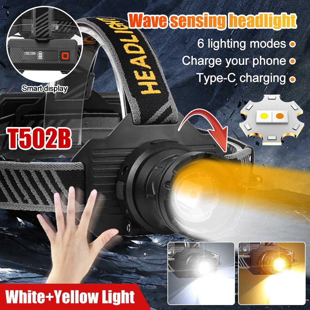 10000LM Sensor White&Yellow Laser LEP Headlamp Zoom Head Torch USB Charging Lamp