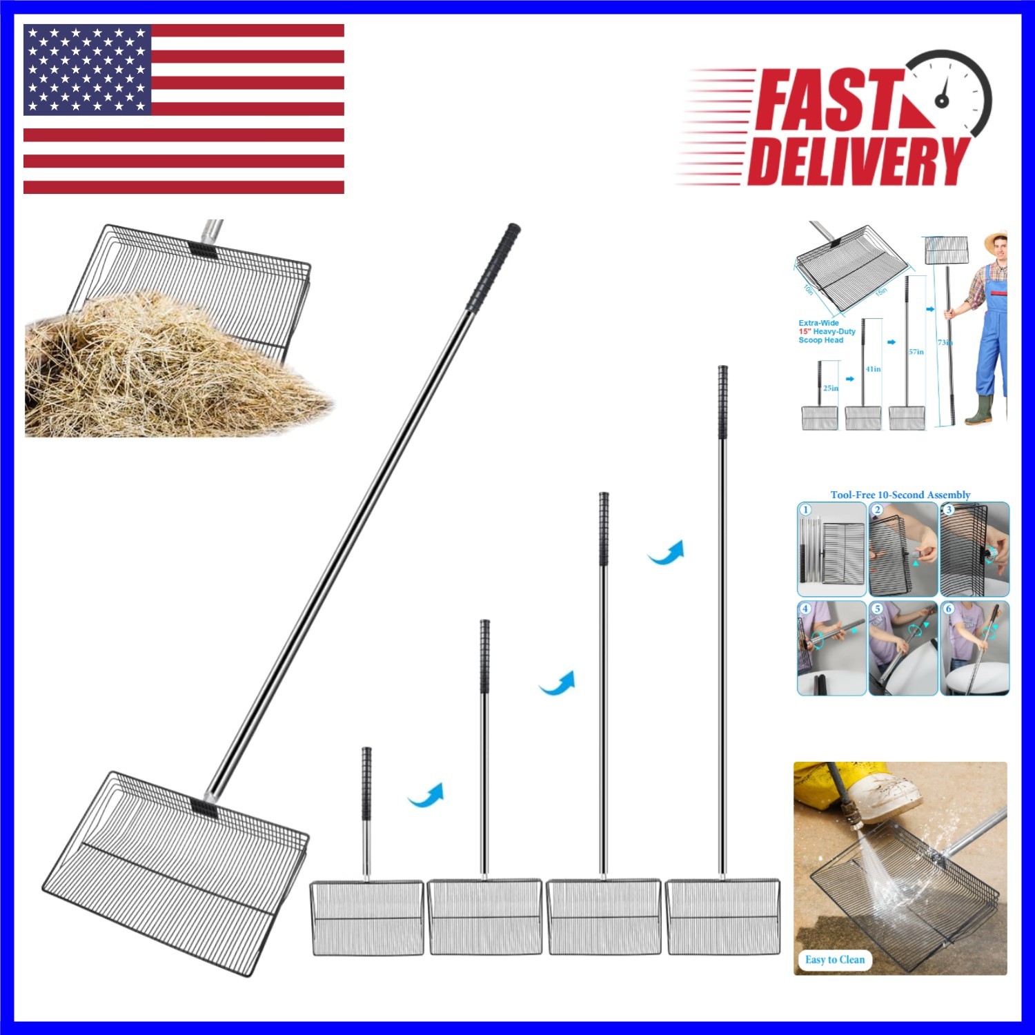 Durable 15-Inch Chicken Coop Rake with Adjustable Heights for Versatile Cleaning