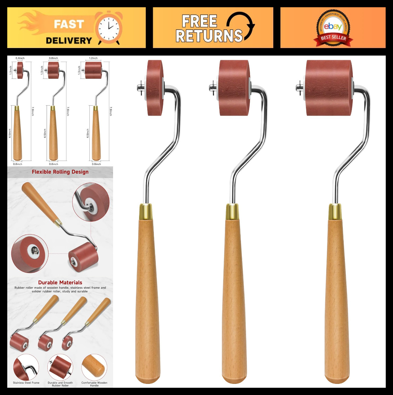 3pcs Rubber Brayer Rollers Set - Comfort Grip Ink Rollers for Crafting & Printma