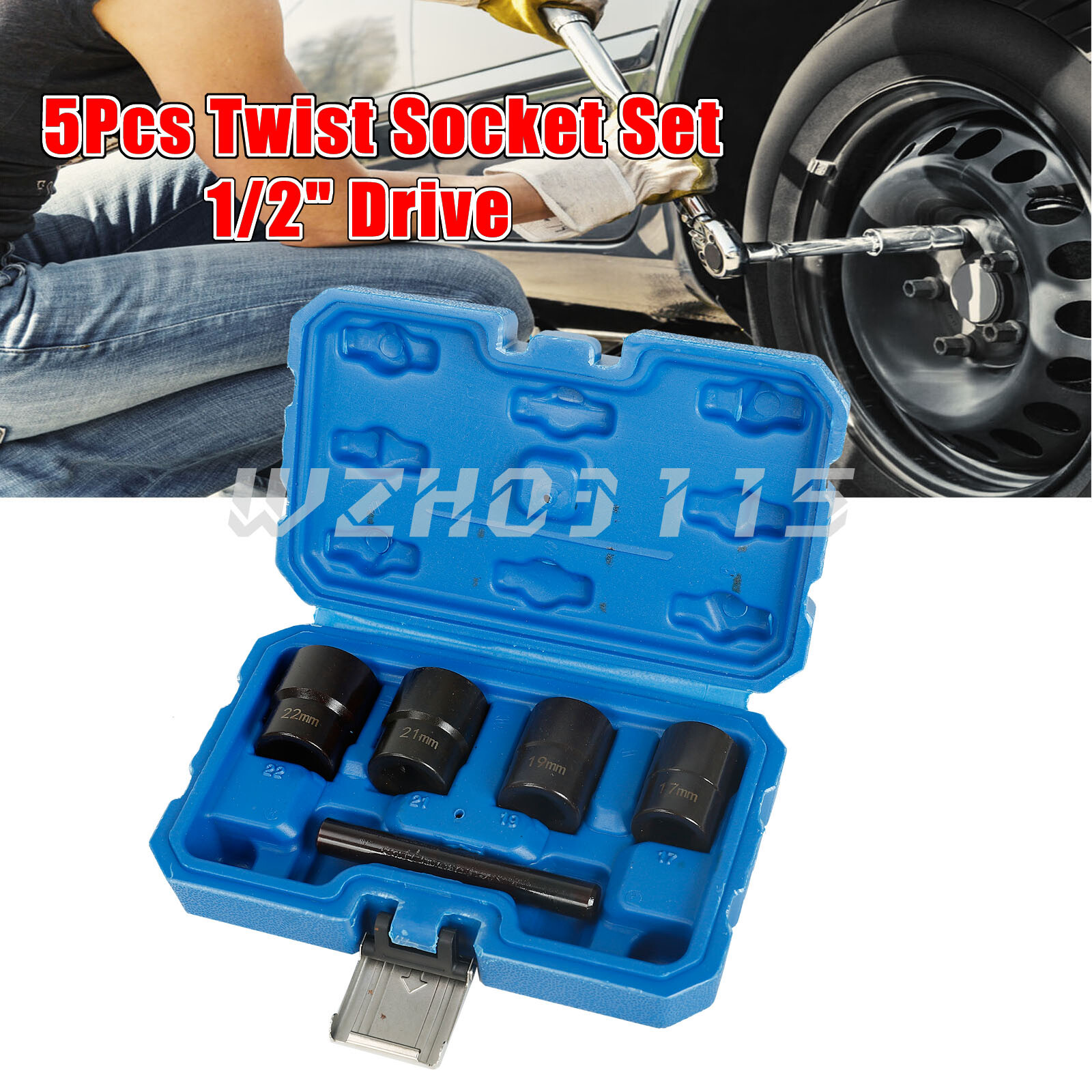 5pcs Twist Socket Wheel Lock Worn Lug Nut Remover Extractor Tool 17,19, 21, 22mm