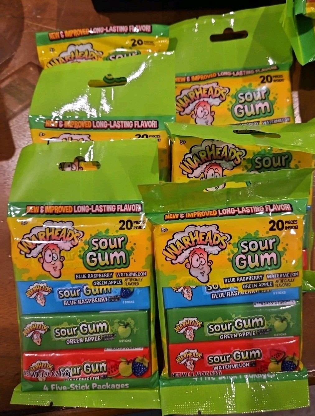 Lot Of 6~ Warheads SOUR Gum BLUE RASPBERRY WATERMELON & GREEN APPLE chewing gum
