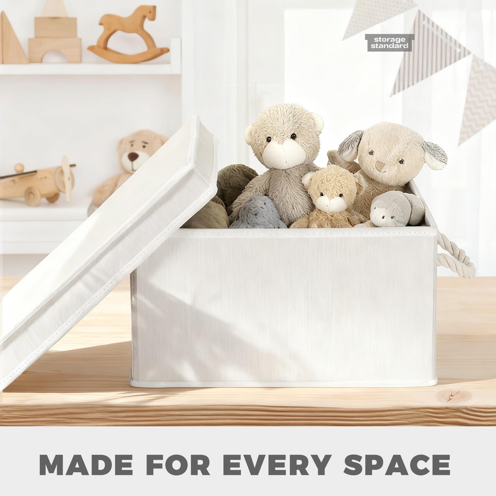 Set of 3 Fabric Bins for Organization - Foldable & Stackable With Lid & Ivory