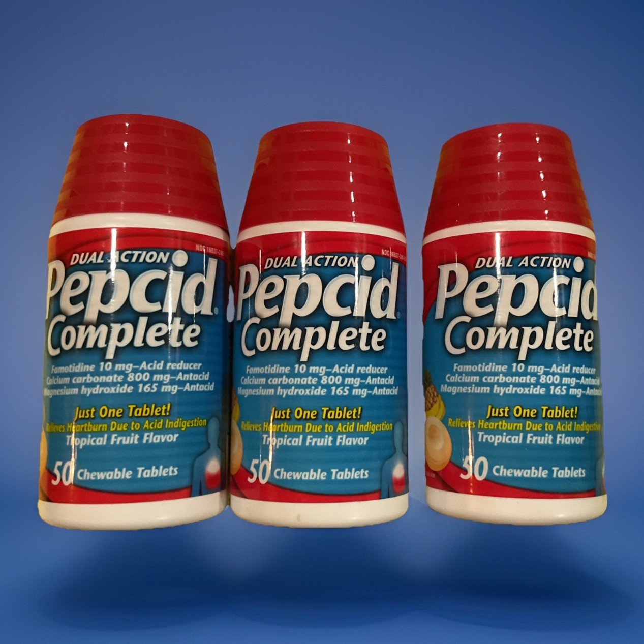 (3)~ Pepcid Complete Dual Action 50 Chewable Tablets Tropical Fruit Exp 1/28