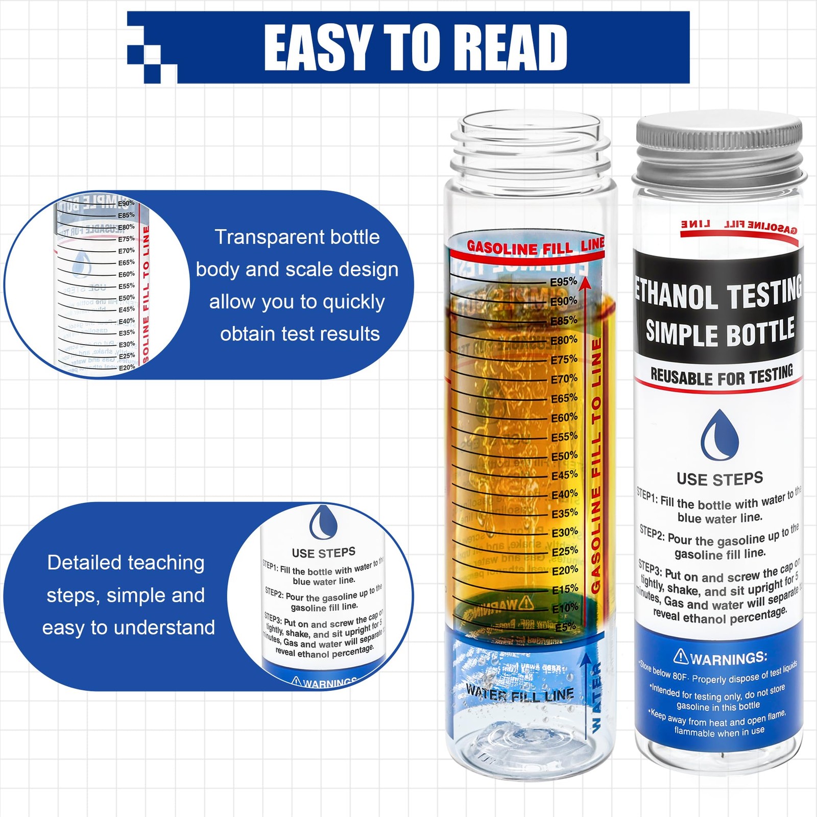 Windspeed 2 Pack e85 Ethanol Tester Bottle, E85 Fuel Gasoline Octane Level...