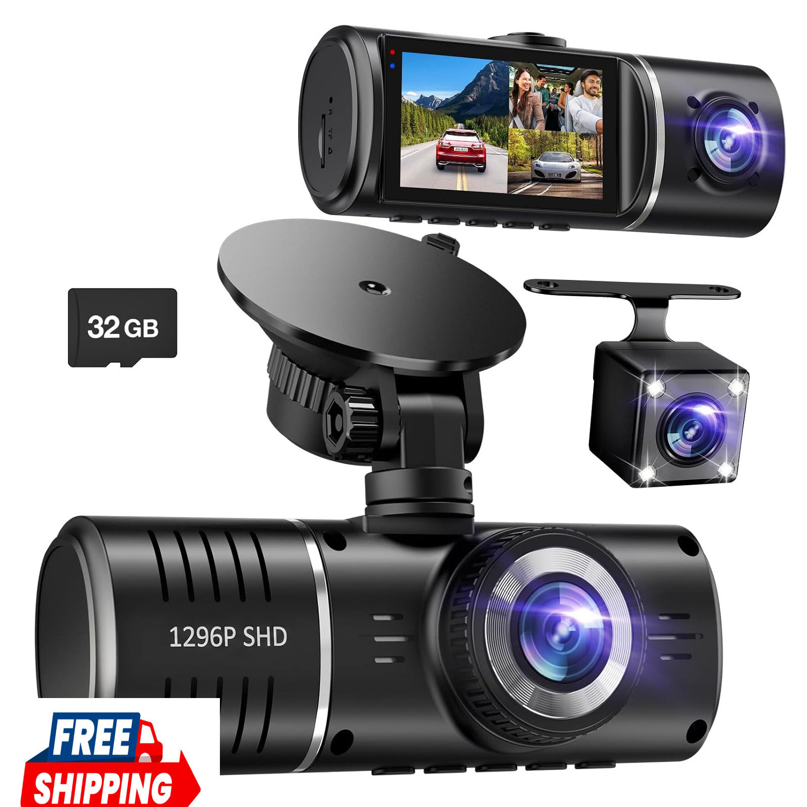 Dash Cam Front and Rear, 1296P Dash Camera for Cars, 3 Channel Car Camera Front