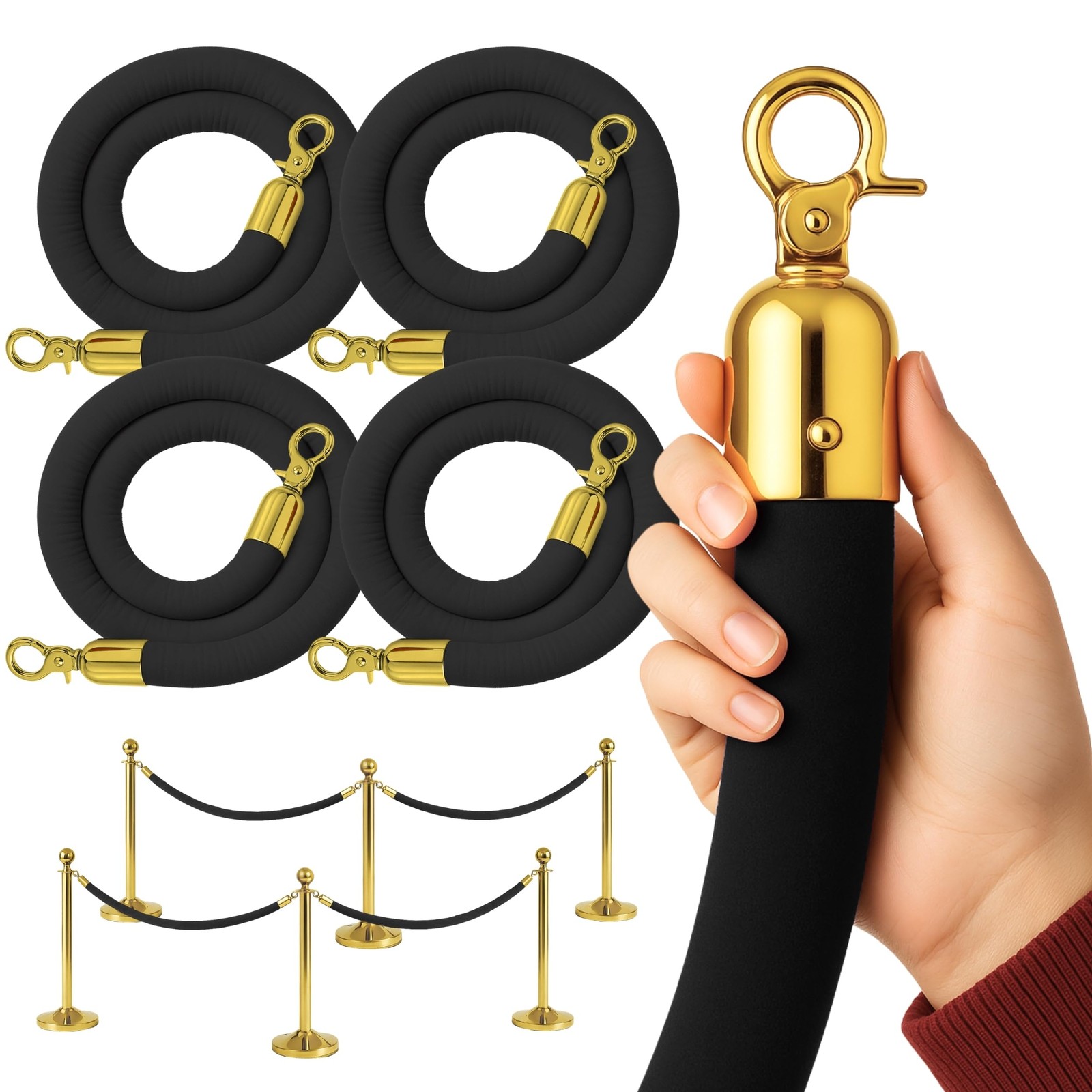 4 PCS 42mm Black Velvet Ropes Crowd Control 5FT Premium Stanchion Hook Event