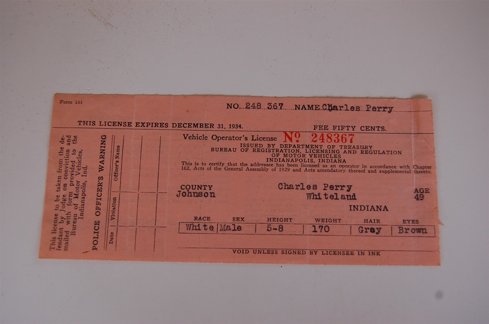 1934 Indiana Original Driver's License Card
