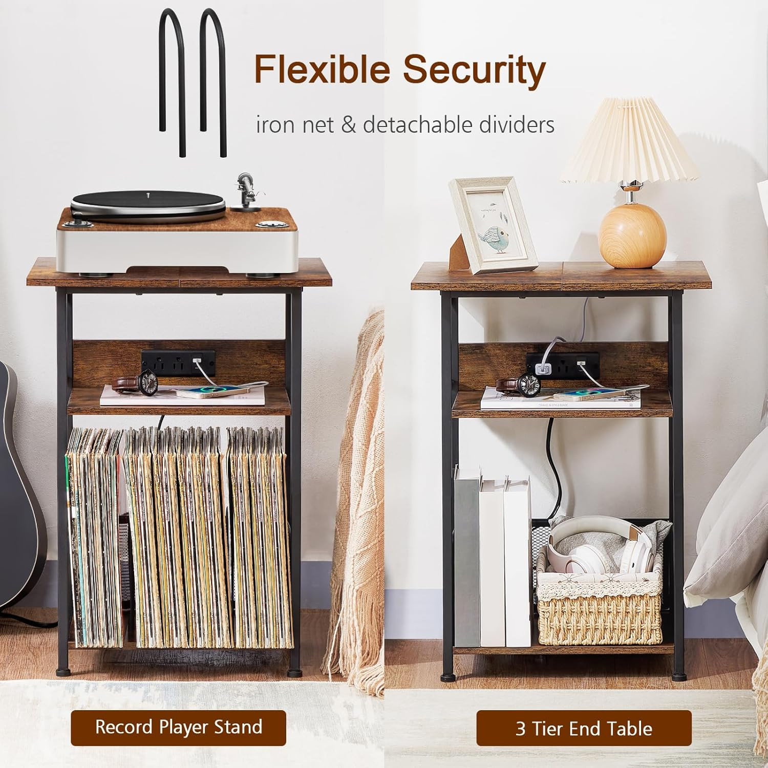 Record Player Stand with Charging Station, Large Turntable Stand with Storage Ca