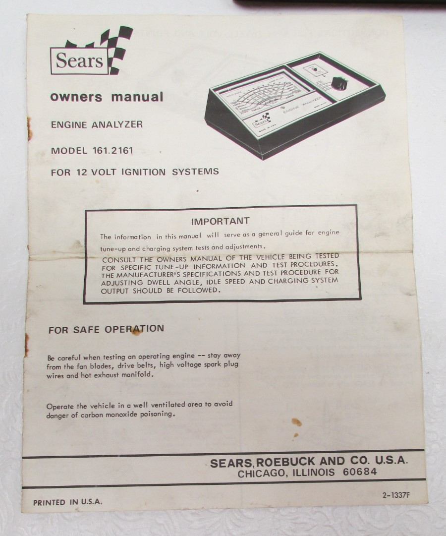 Vintage SEARS Engine Analyzer For 12 Volt Ignition Systems 28-2161