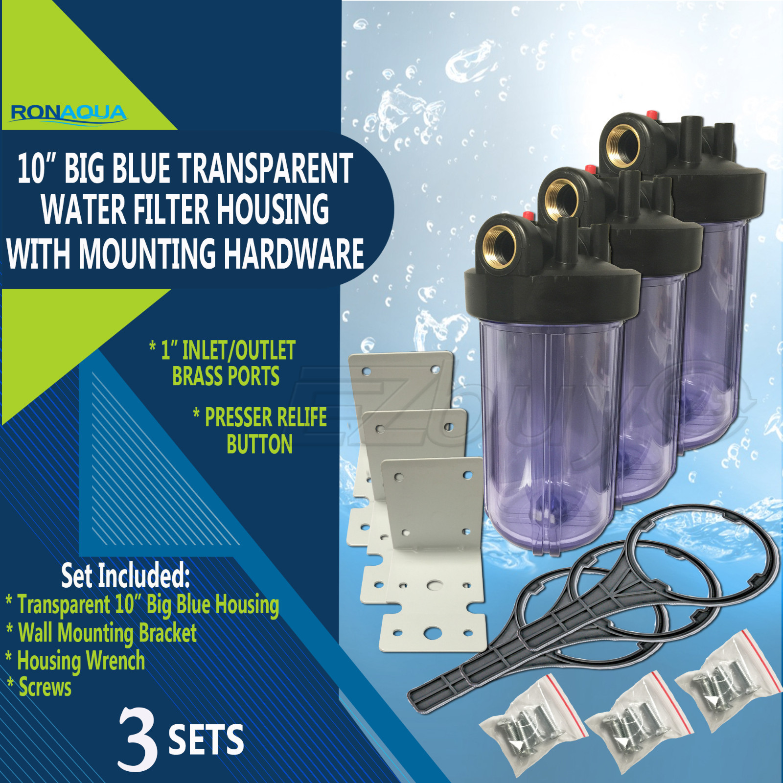 3 Transparent Big Blue Housings 10" for Whole House Water Filtration System.