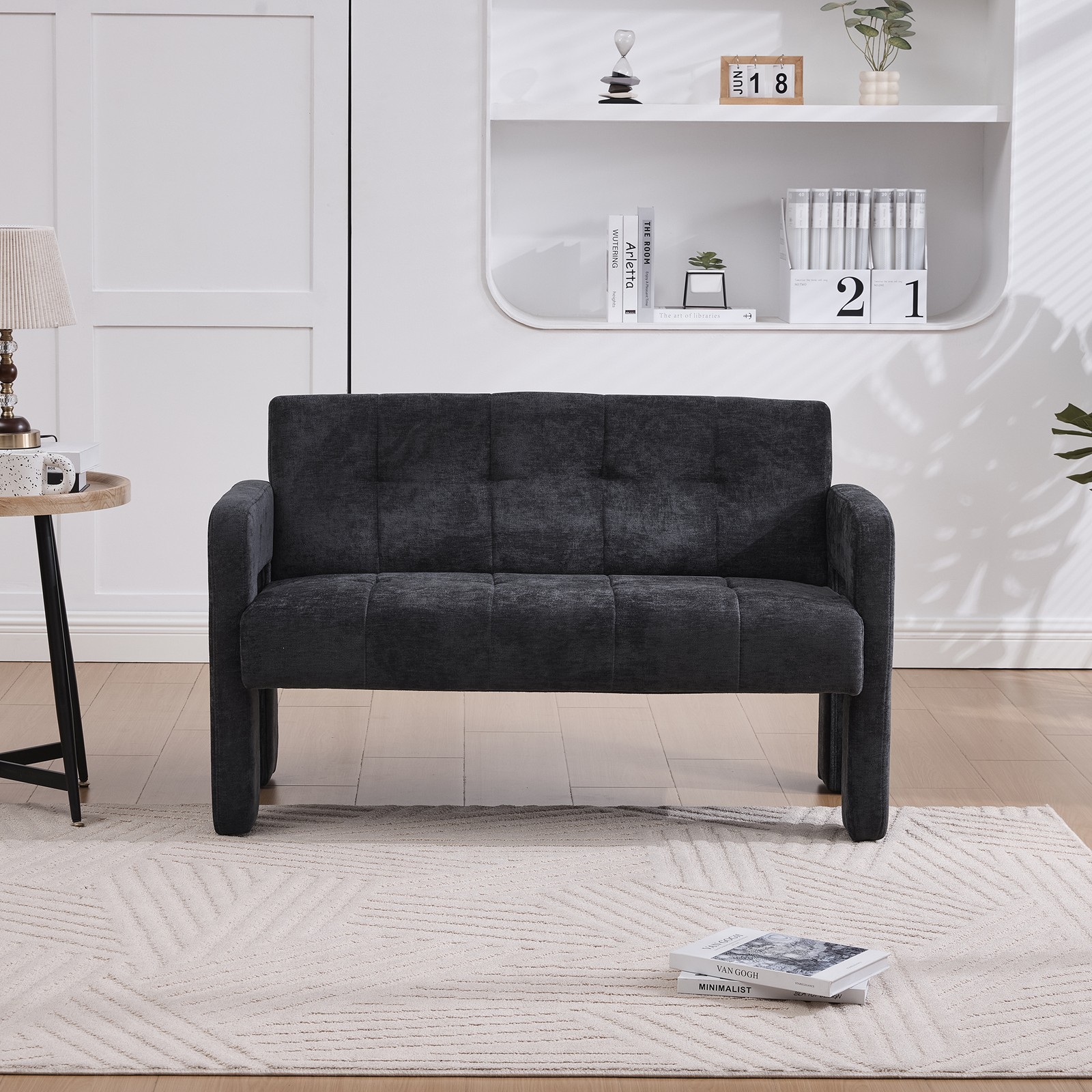 Nordic Modern Double Armchair Loveseat Sofa Chenille Black
