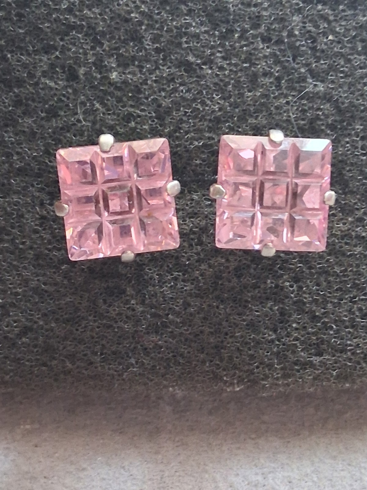 Sterling silver invisible cut pink stone grid pattern stud earrings, prong set
