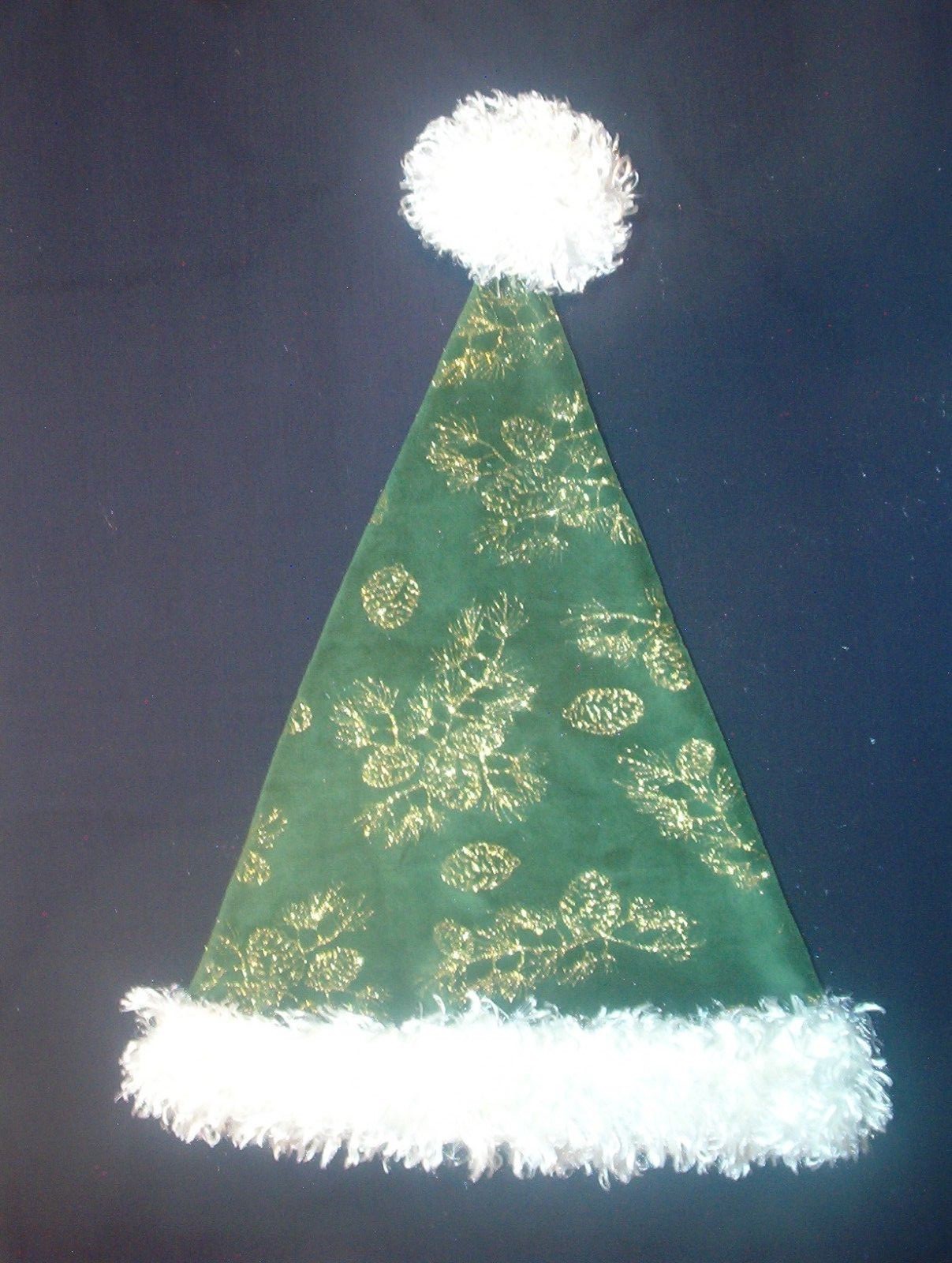24" GREEN Santa hat with Gold PINE cones & IVORY faux fur ball & Trim Country