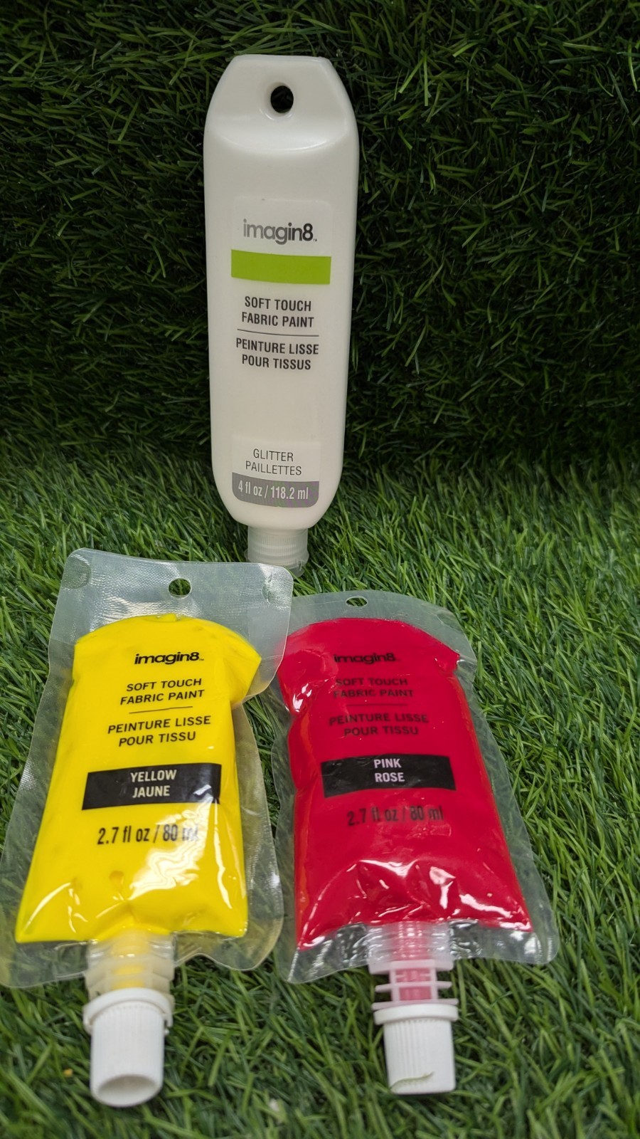 Imagin8 Soft Touch Fabric Paint 2.7oz & 4oz Lot 3 Yellow, Red, & White Glitter
