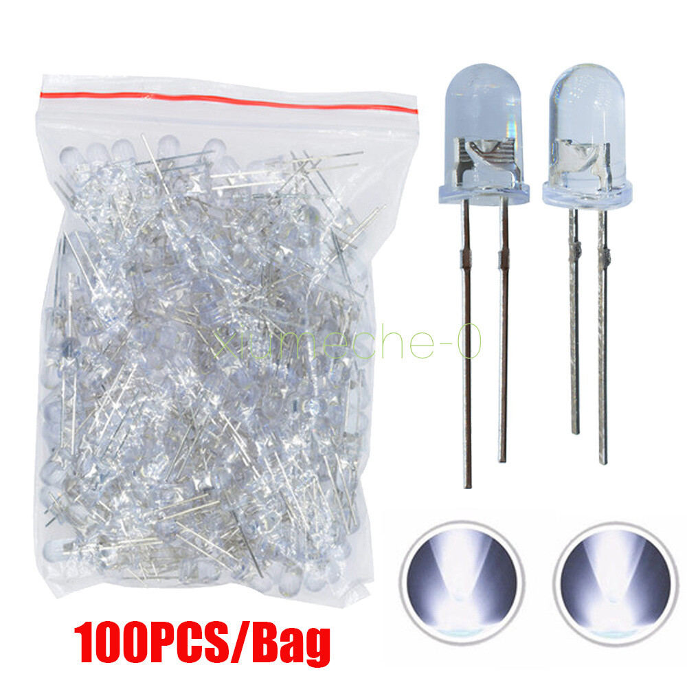 100Pcs F5 5MM White Color White Light Round Superbrigh​t LED Lamp