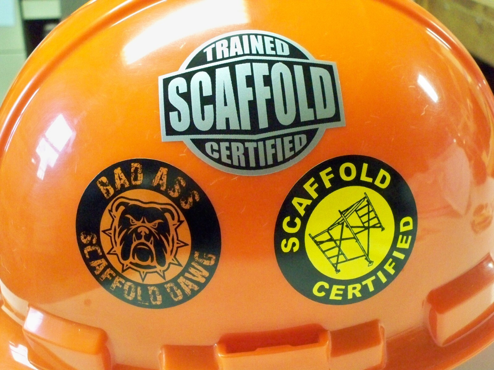 3 Hard Hat Stickers Scaffold Trained Certified Funny Bad Ass Helmet Decals